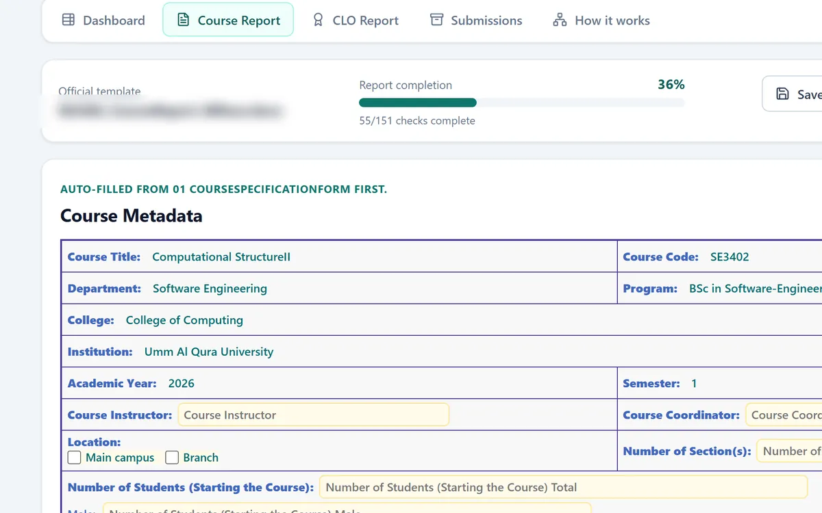 شاشة تقرير المقرر في AutoAcad: قالب التقرير الرسمي من NCAAA يملأ نفسه من توصيف المقرر، مع أزرار الحفظ والتنزيل وتصدير الحزمة.