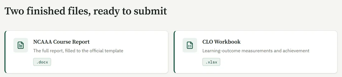 ملفان جاهزان: تقرير المقرر وفق NCAAA بصيغة Word، وCLO Workbook بصيغة Excel.